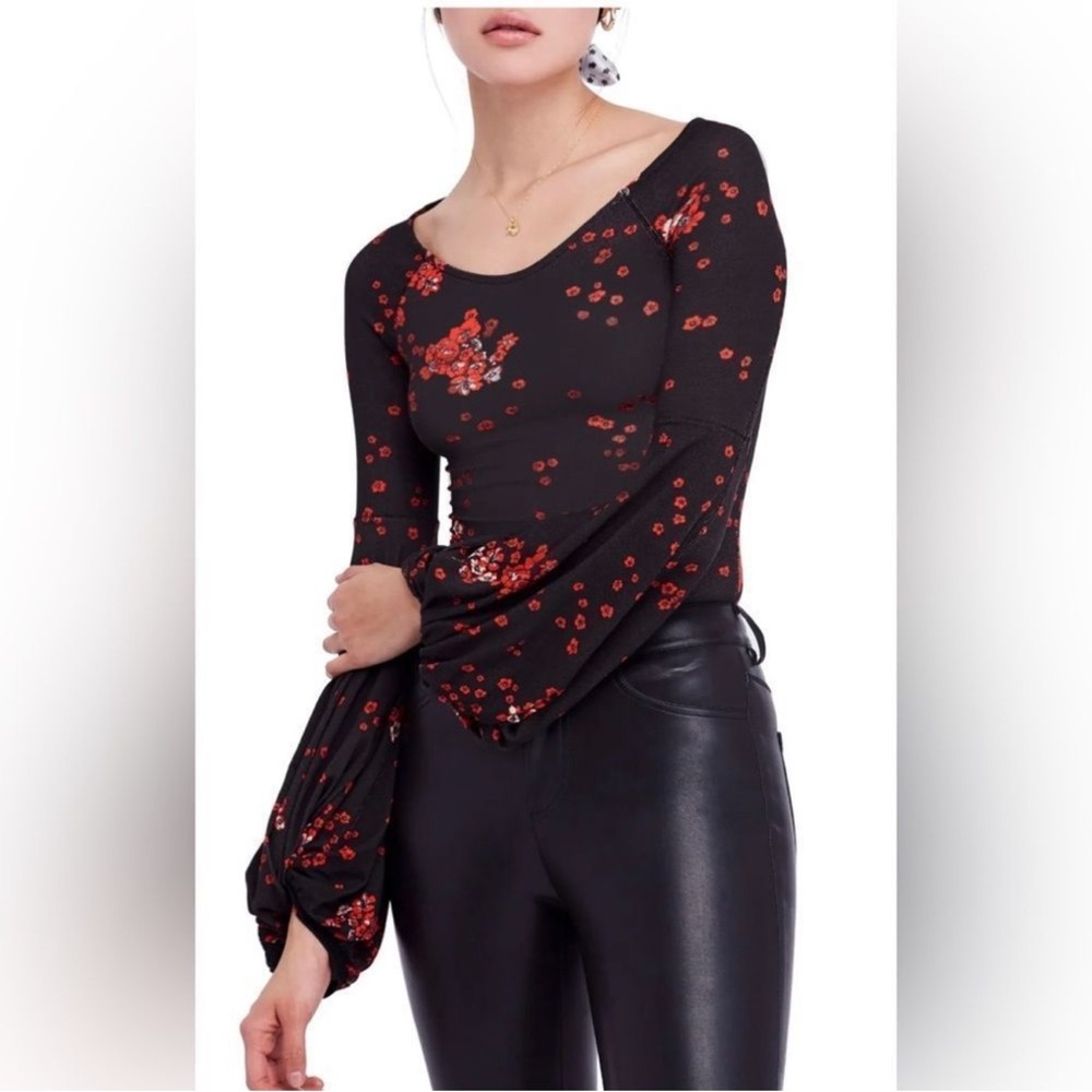 Free People To the Tropics Black Floral Top, size Large
